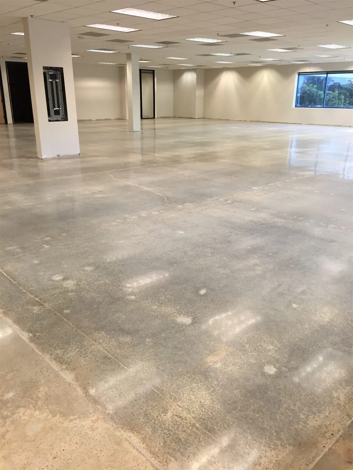 Polished concrete floor in a large open office