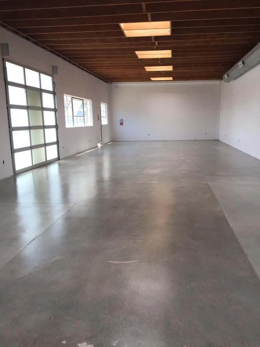 Polished concrete floor in a showroom with glass roll-up doors